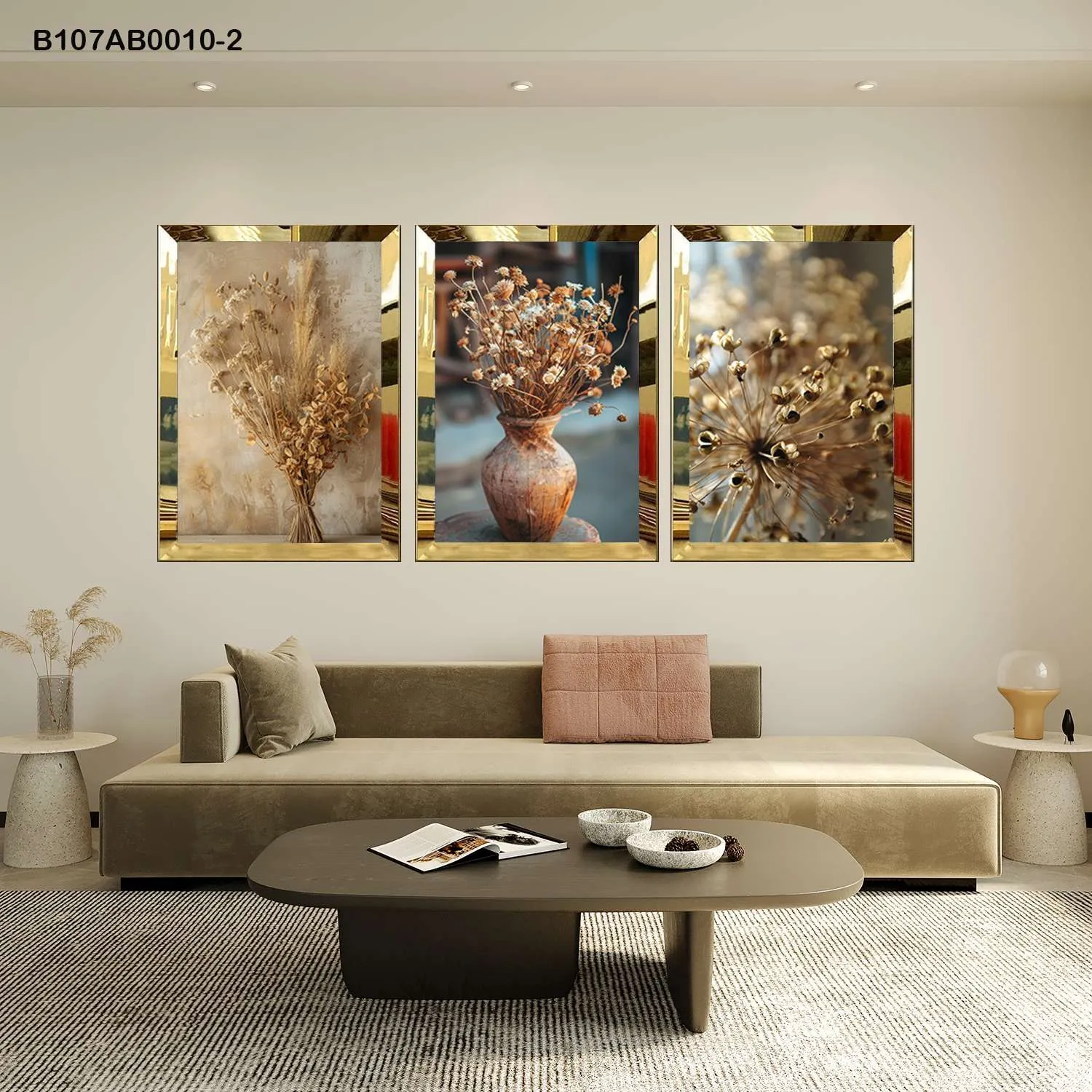 لوحات جدارية باقات زهور مجففة طبيعية إطار ذهبي