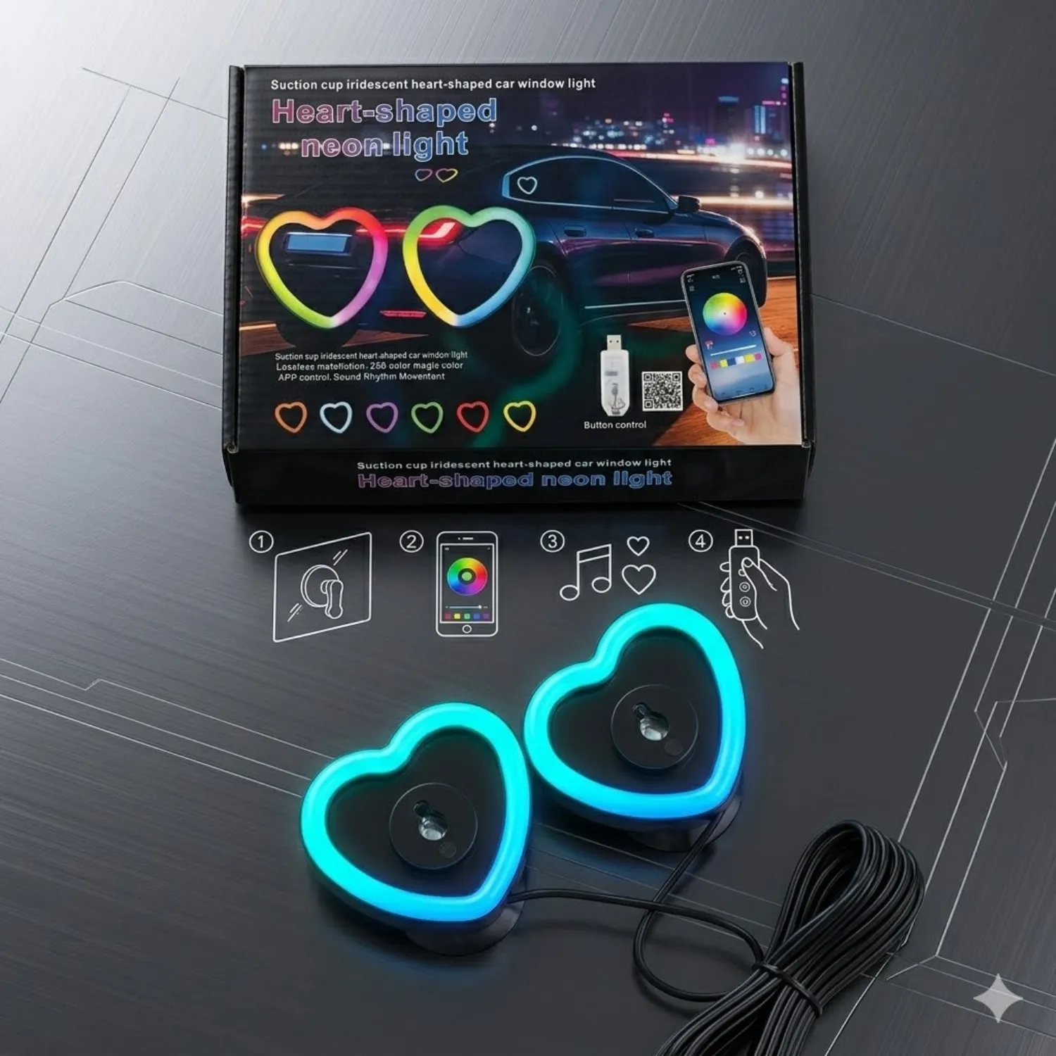 إضاءة RGB تفاعلية مع الموسيقى، تحكم كامل عبر تطبيق الهاتف أو الريموت، تثبيت سهل بالشفط وتوصيل USB.