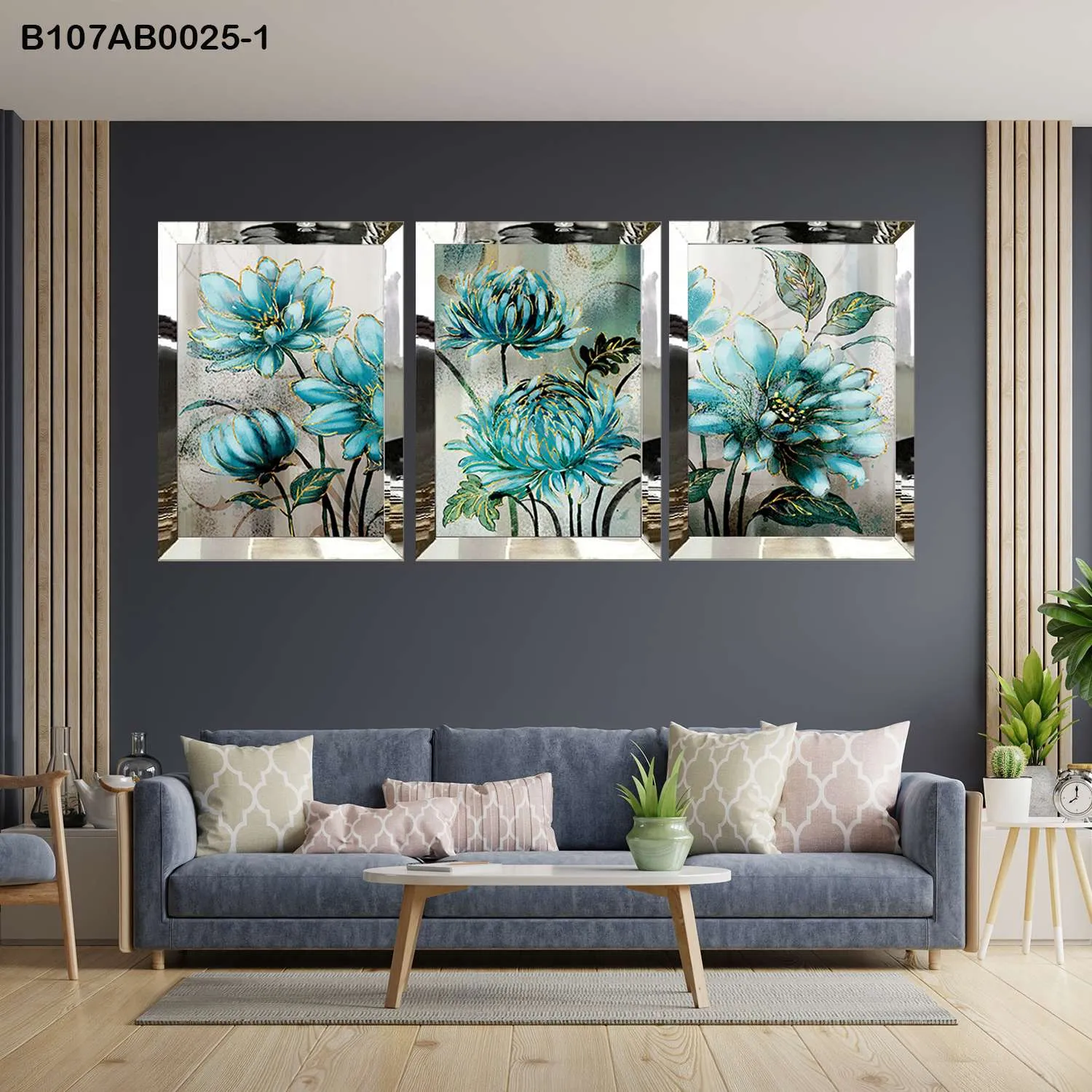 لوحات جدارية زهور زرقاء بتفاصيل ذهبية إطار فضي
