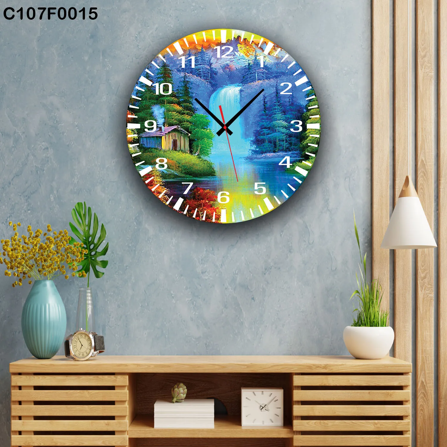 ساعة دائرية شلال كوخ جبلي طبيعة ملونة
