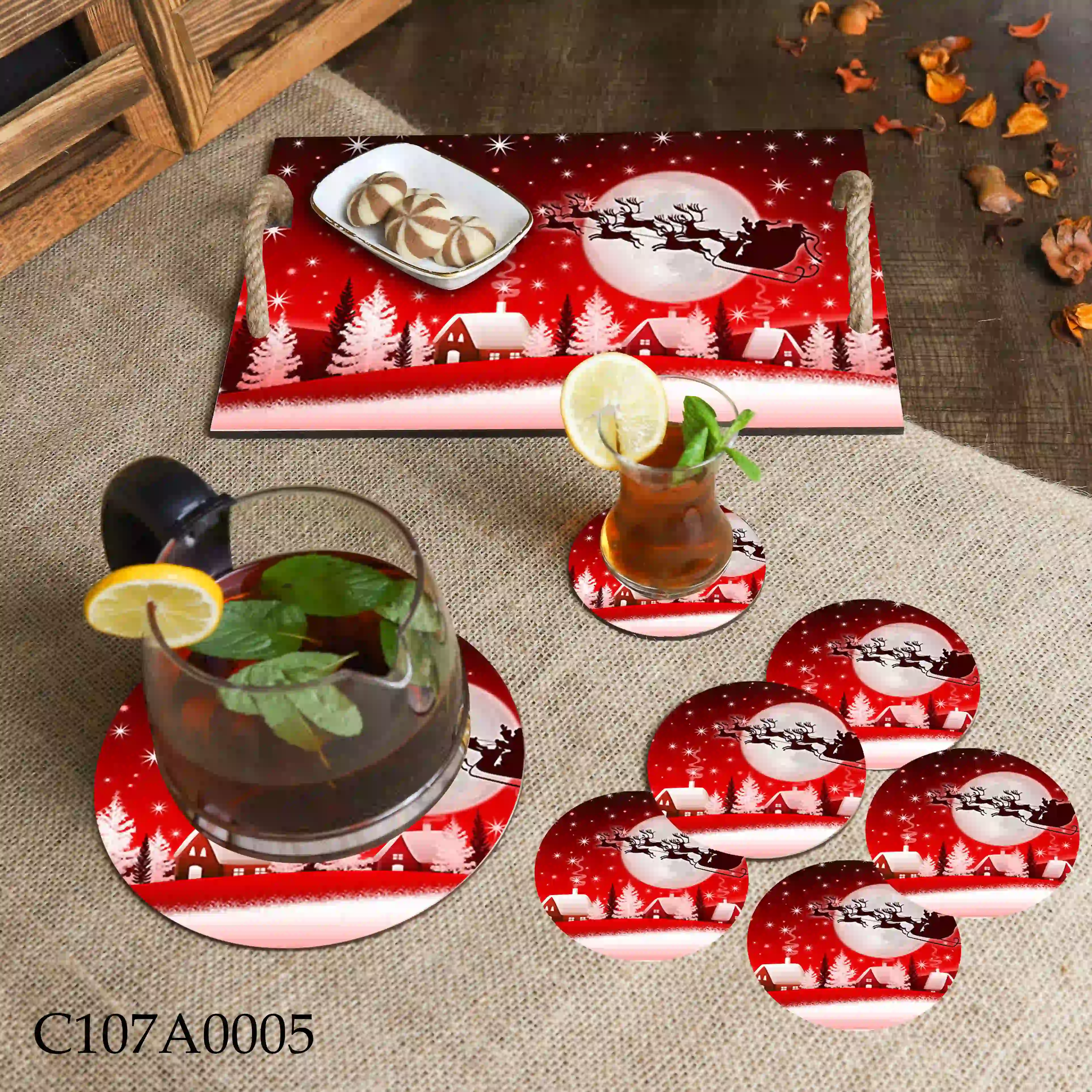 صينية مطبوعة سانتا كلوز والقمر الأحمر