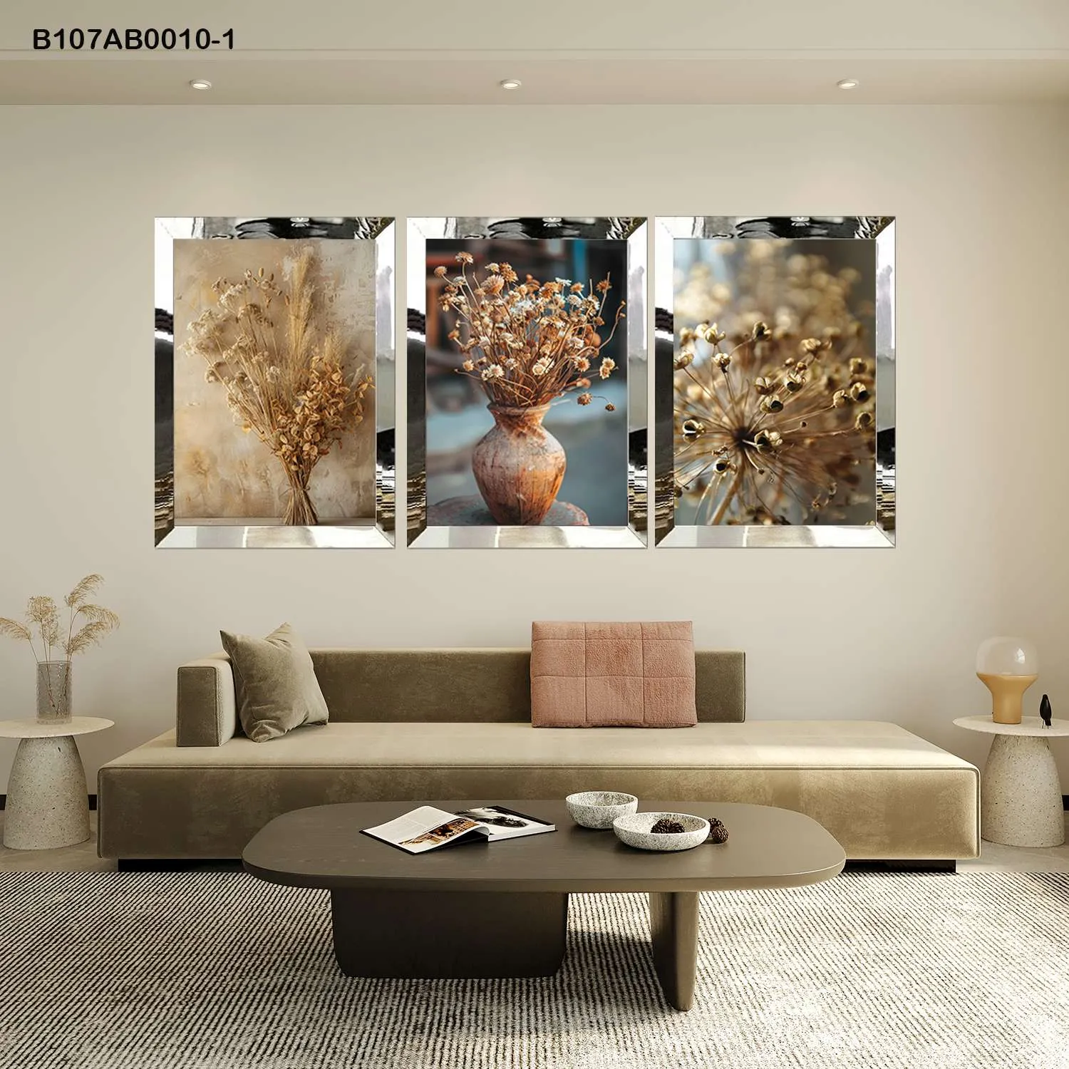 لوحات جدارية باقات زهور مجففة طبيعية إطار فضي