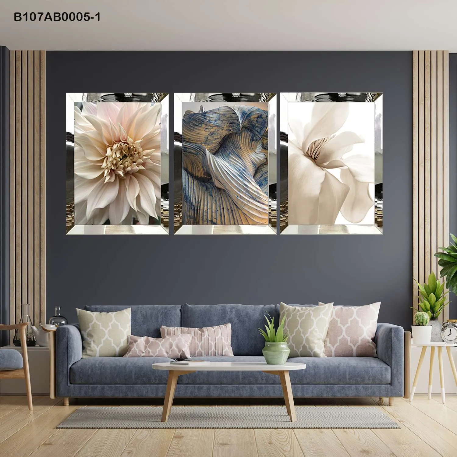 لوحات جدارية زهور بيج وتصميم تجريدي إطار فضي