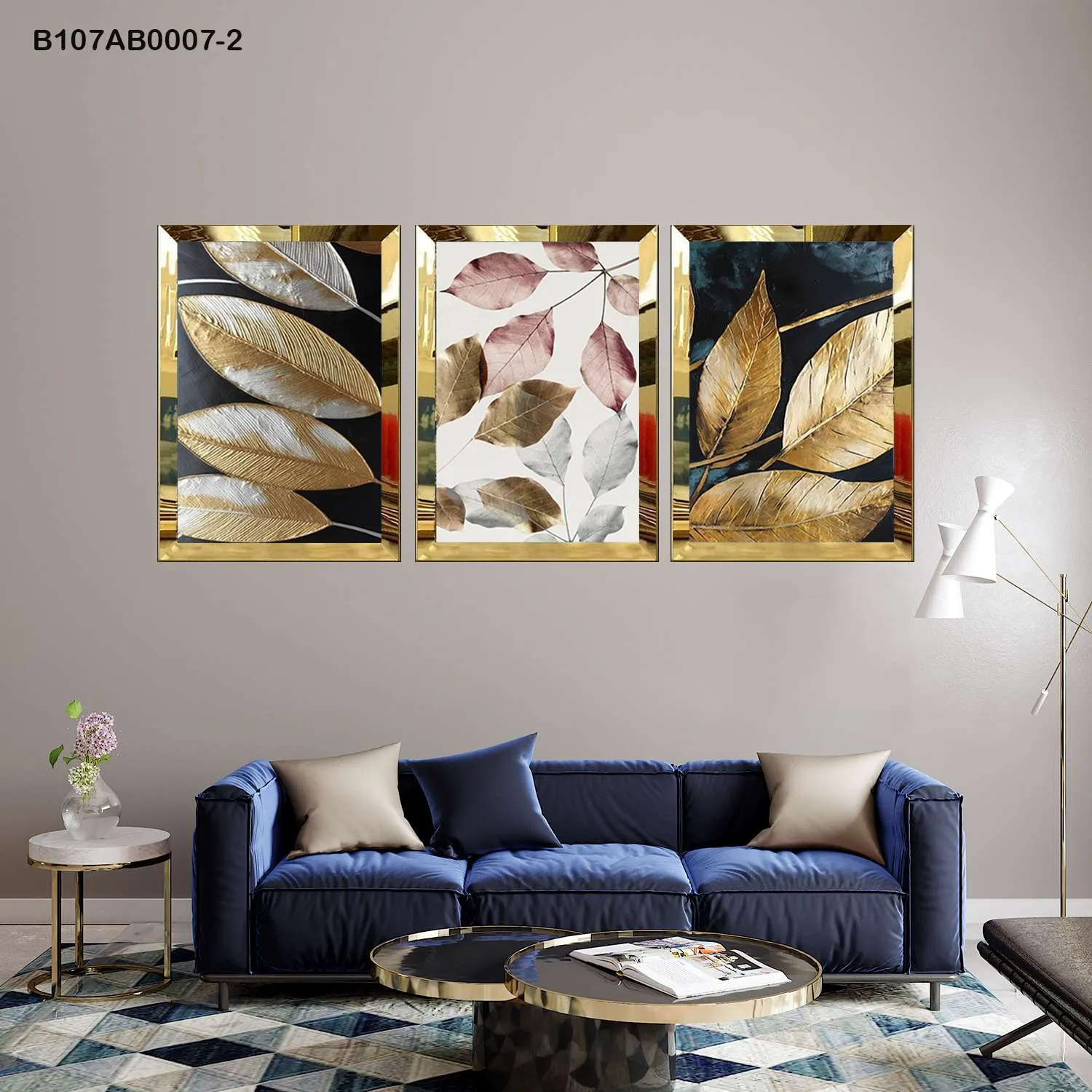 لوحات جدارية أوراق ذهبية وأوراق ملونة إطار ذهبي