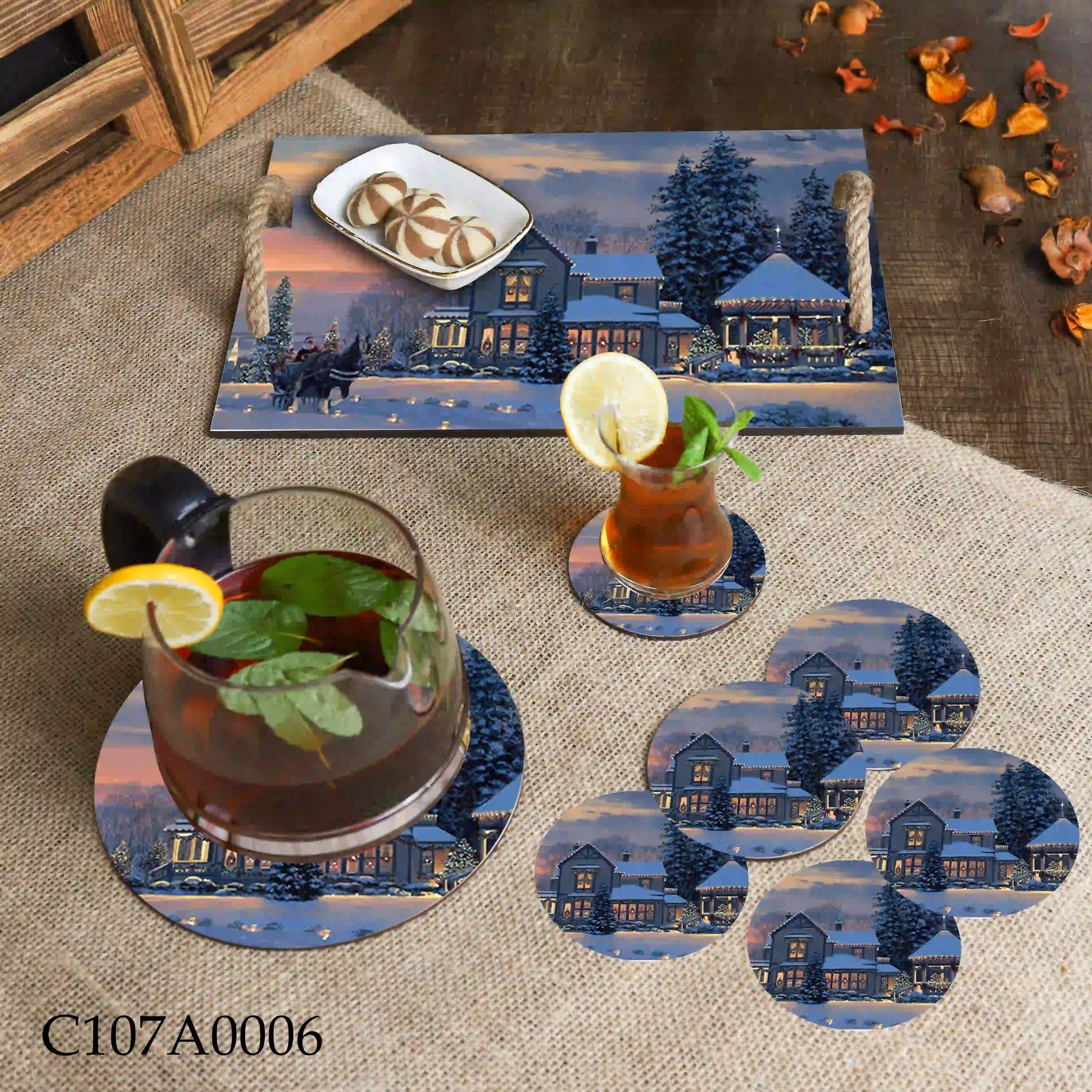 صينية مطبوعة كوخ الشتاء وسط الثلوج