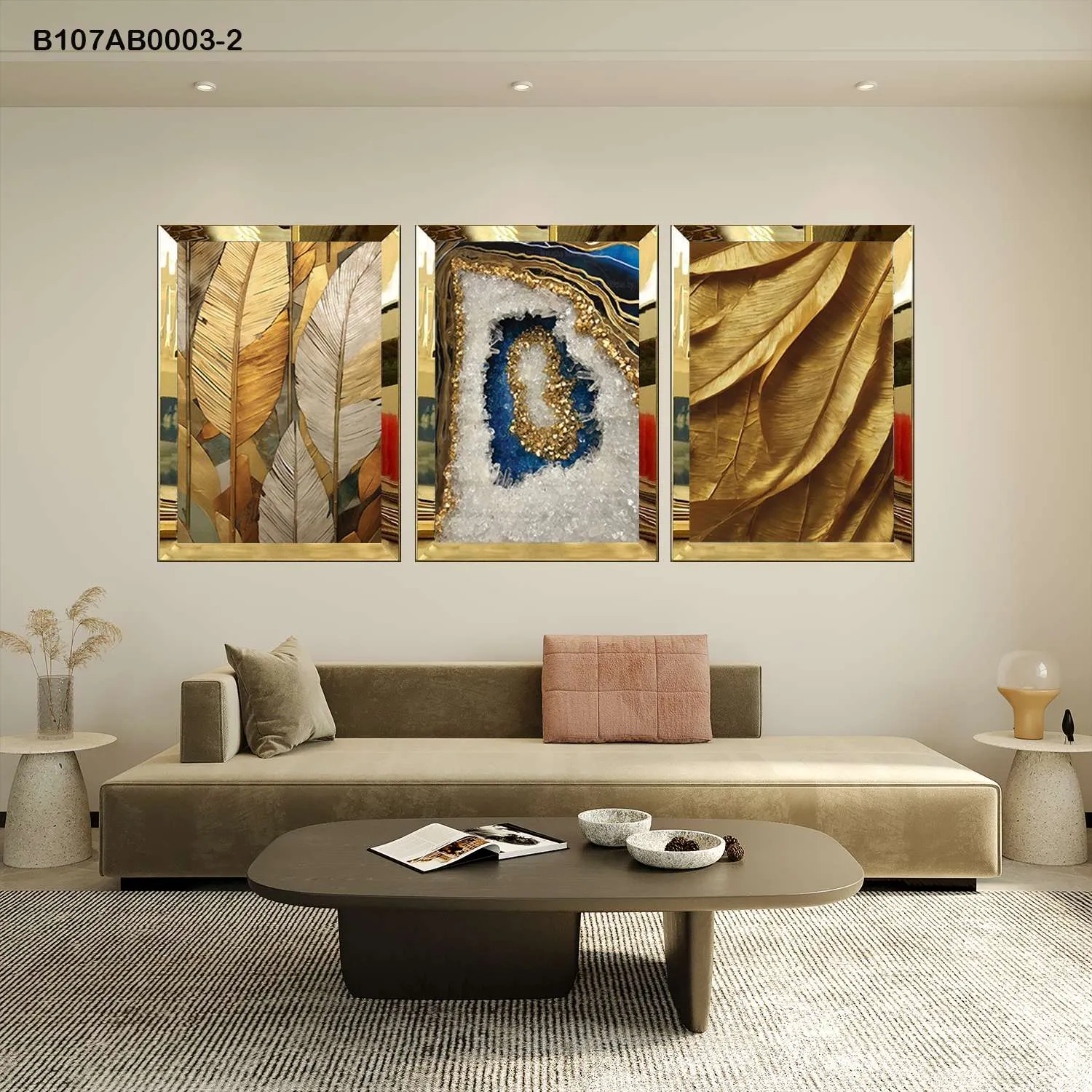 لوحات جدارية أوراق ذهبية وتجريد كريستالي إطار ذهبي