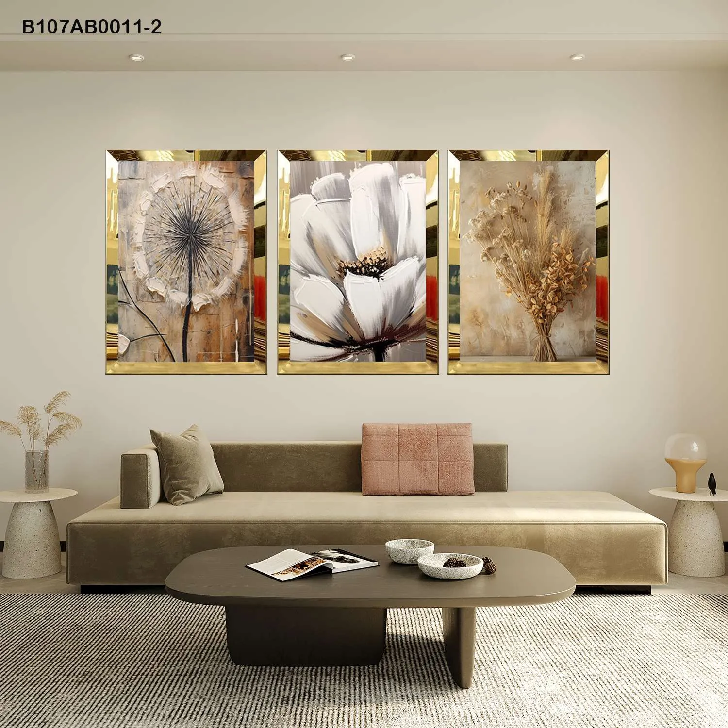 لوحات جدارية زهور طبيعية ونباتات مجففة إطار ذهبي