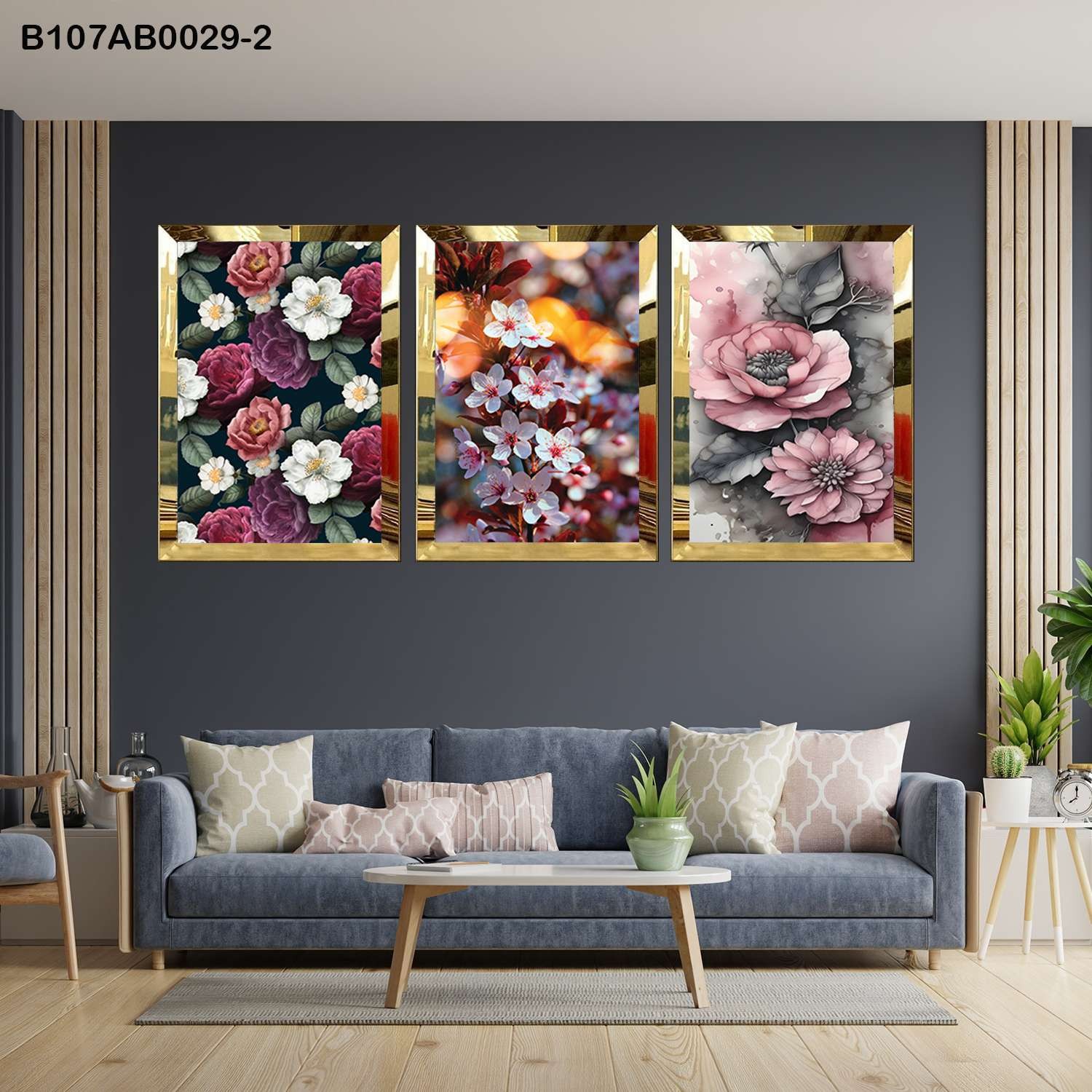 لوحات جدارية زهور ملونة بتصميم فني إطار ذهبي