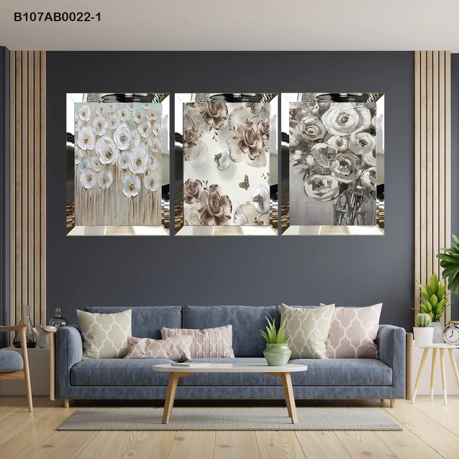 لوحات جدارية زهور بيضاء أنيقة إطار فضي