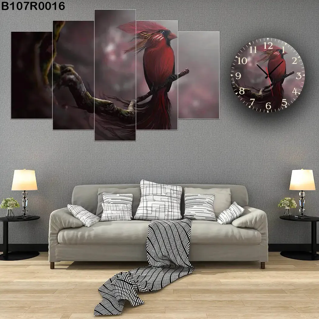 لوحة طائر كاردينال أحمر على غصن بأسلوب فني هادئ