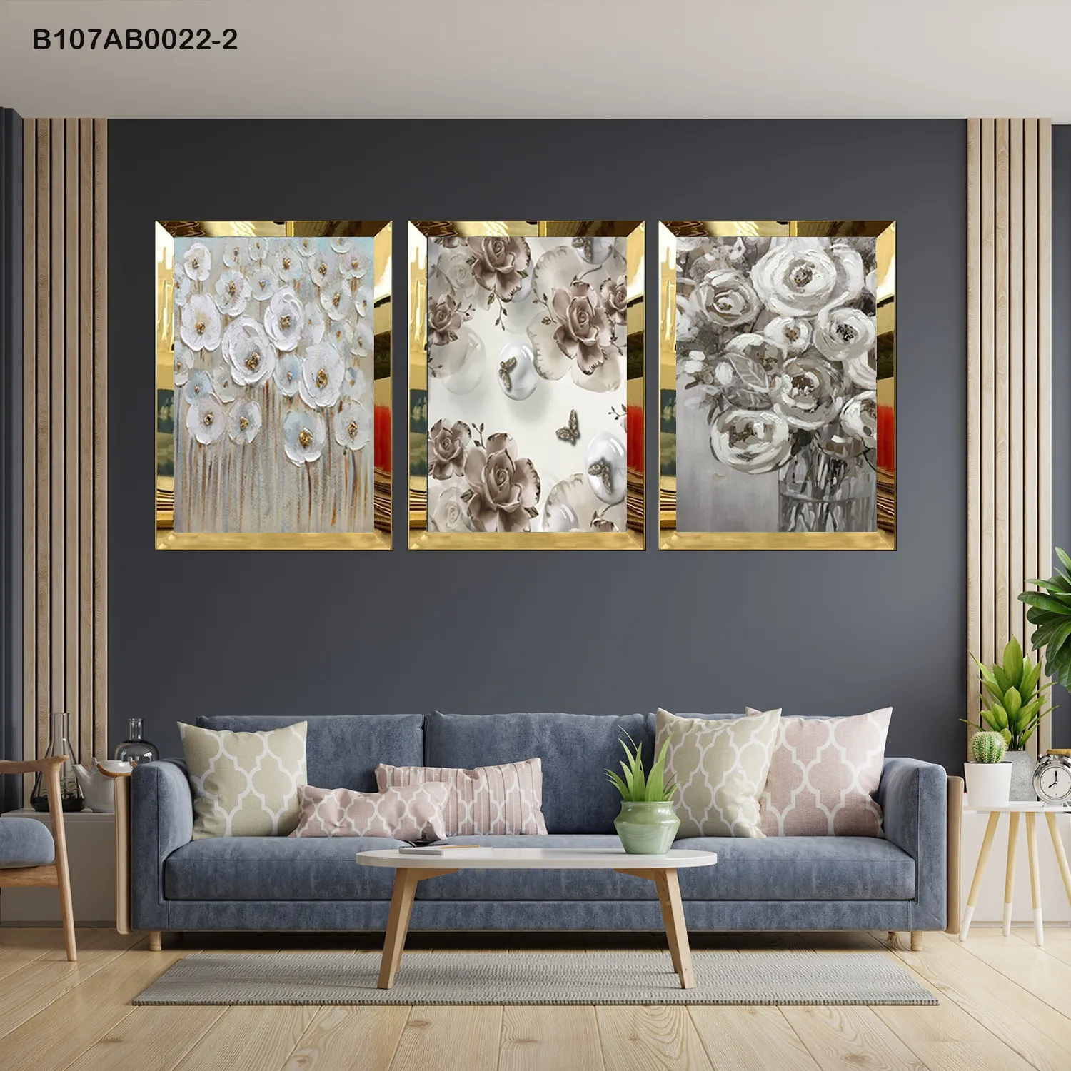 لوحات جدارية زهور بيضاء أنيقة إطار ذهبي