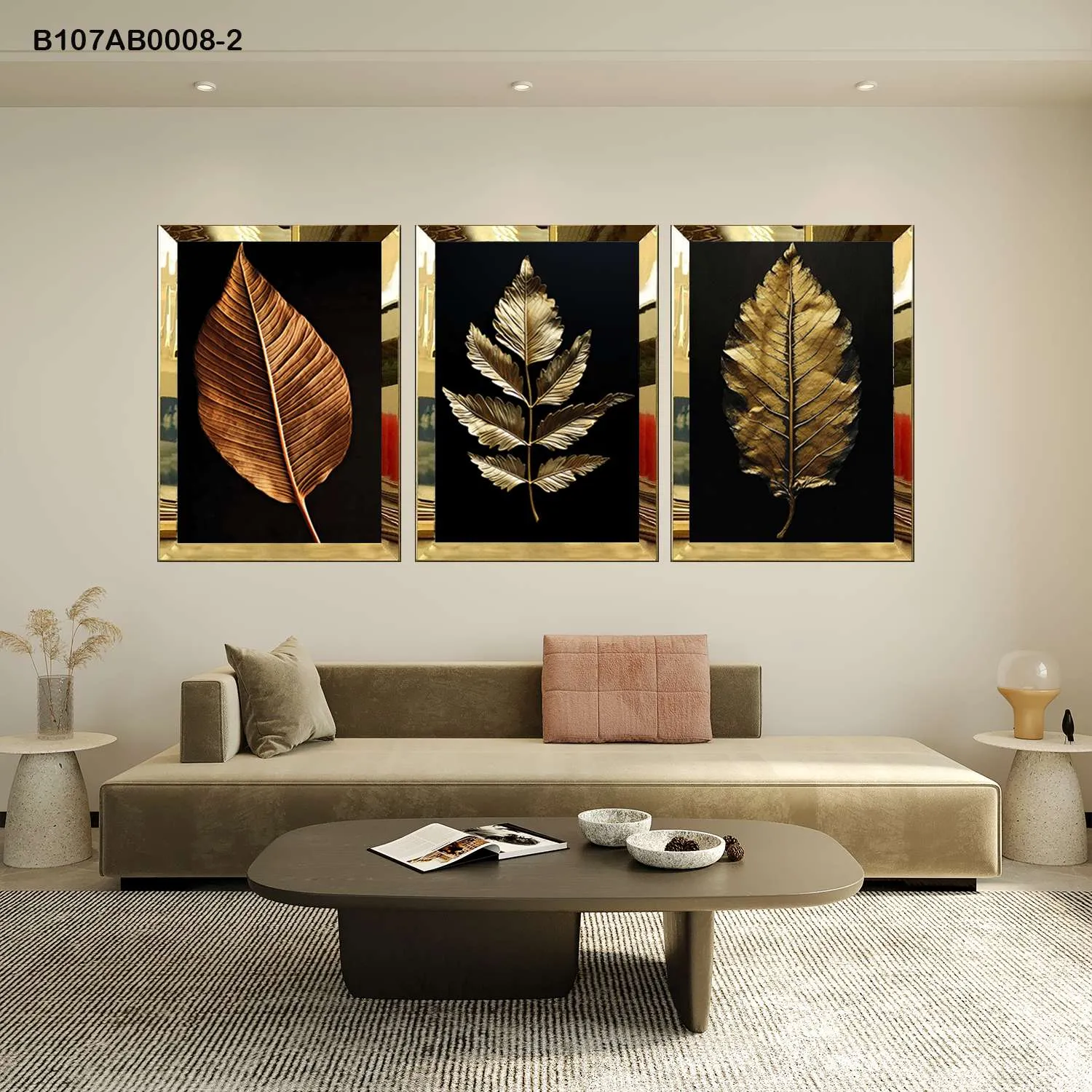 لوحات جدارية أوراق ذهبية على خلفية سوداء إطار ذهبي