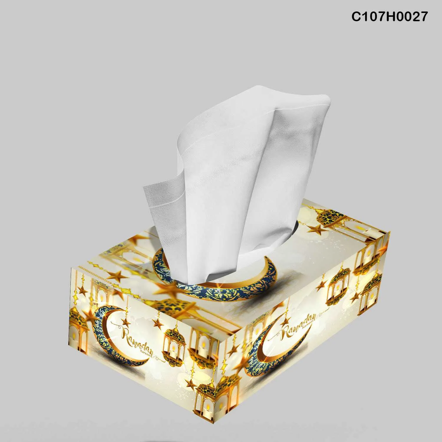 علبة محارم طباعة ديجيتال هلال وفوانيس رمضان ذهبية