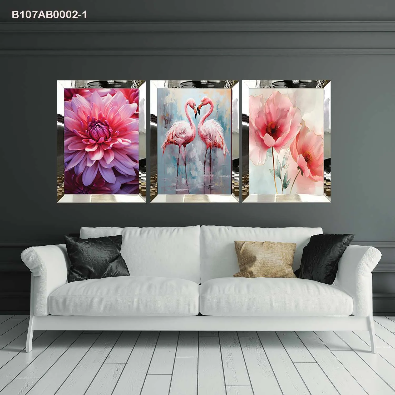 لوحات جدارية زهور وردية وطيور الفلامنجو إطار فضي