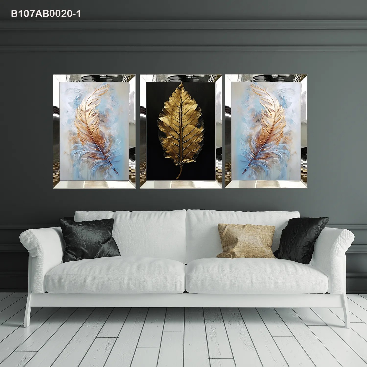 لوحات جدارية ريشة ذهبية وورقة نبات إطار فضي